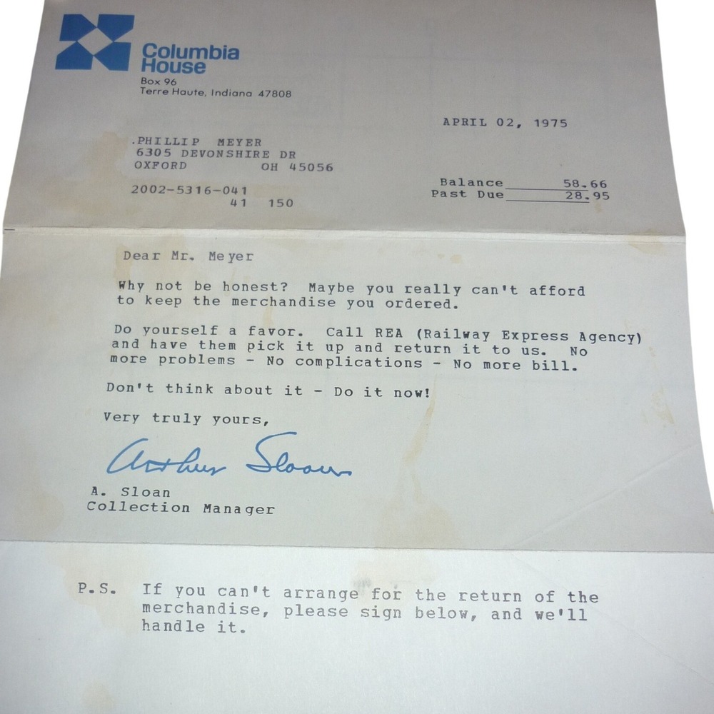 Vintage 1975 Columbia House Collection‎ Letter Arthur Sloan Signed Ephemera 70s